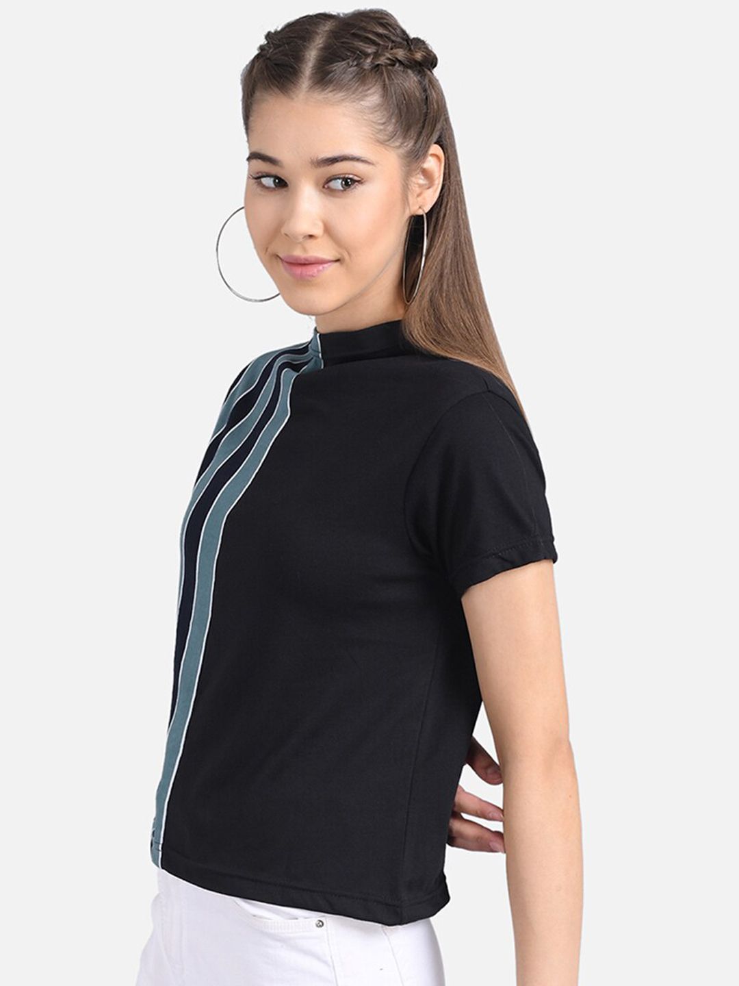 Kotty Women Black & Blue Striped Pure Cotton Top