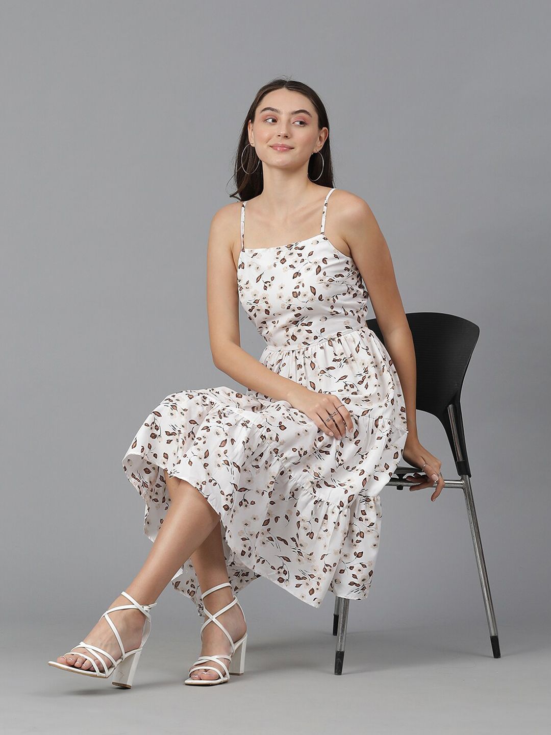 Kotty Floral Printed Shoulder Straps Sleeveless Layered Fit & Flare Dress