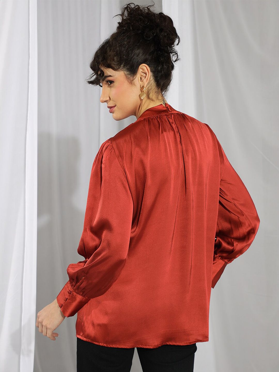KOTTY BIZwear Rust-Coloured High Neck Bishop Sleeves Gathered Detail Satin Top