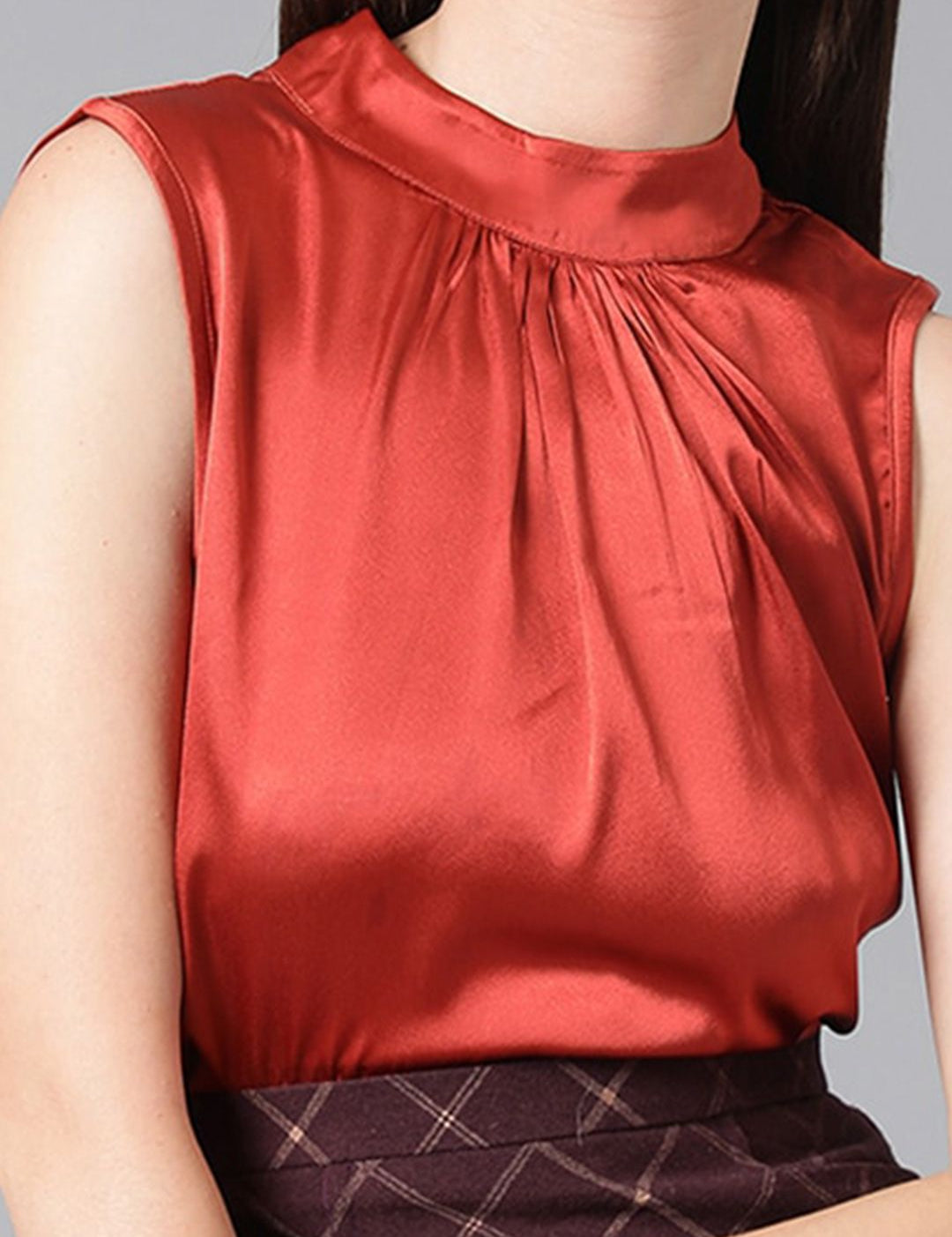 Kotty Rust High Neck Pleated Satin Regular Top