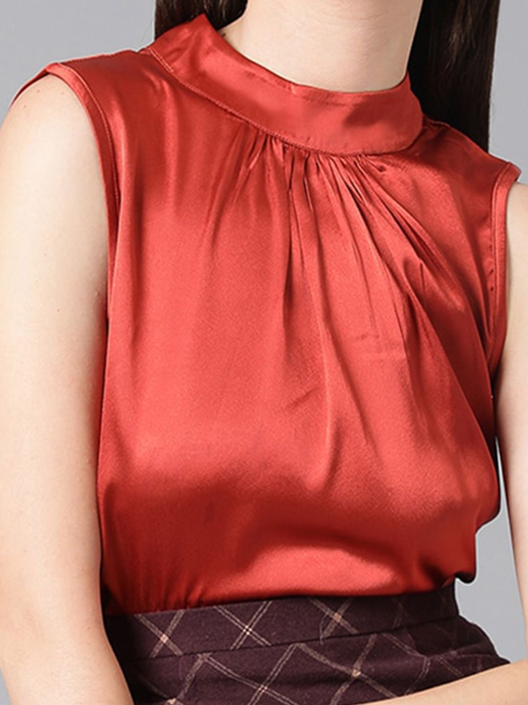 Kotty Rust High Neck Pleated Satin Regular Top