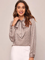 Kotty Pink Polka Dots Print Tie-Up Neck Satin Shirt Style Top