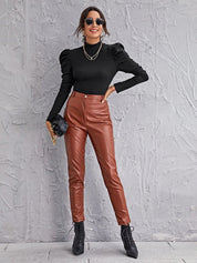 Kotty Black High Neck Puff Sleeves Satin Top