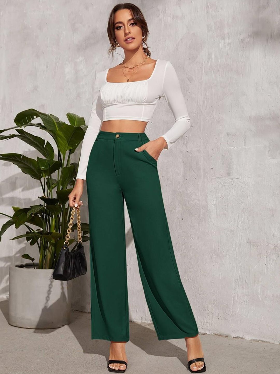 KOTTY BIZwear Women Green Relaxed Straight Leg Straight Fit High-Rise Trousers