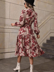 Kotty Beige & Maroon Printed Band Collar Puff Sleeves Crepe Tiered Fit & Flare Midi Dress