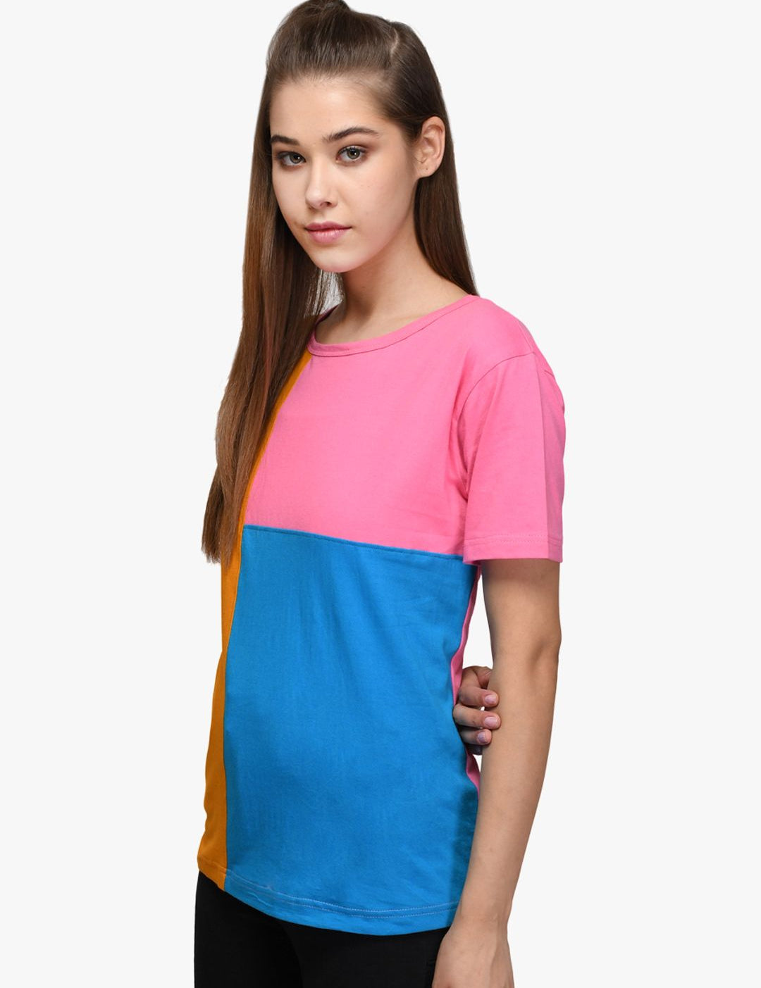 Kotty Women Orange & Blue Colourblocked Round Neck T-shirt