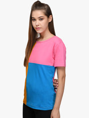 Kotty Women Orange & Blue Colourblocked Round Neck T-shirt