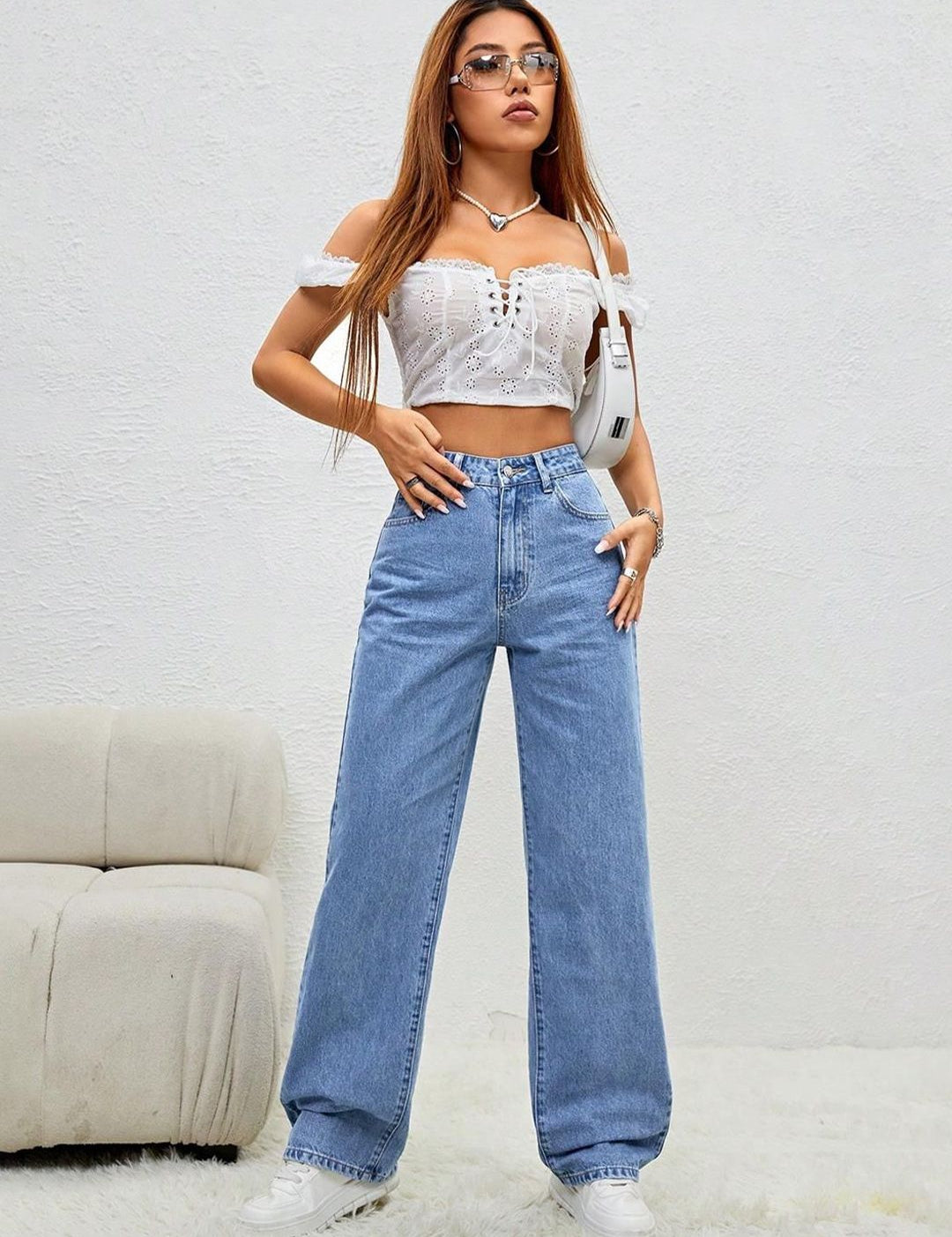 Kotty Women Wide Leg High-Rise Clean Look Crinkle Stretchable Jeans