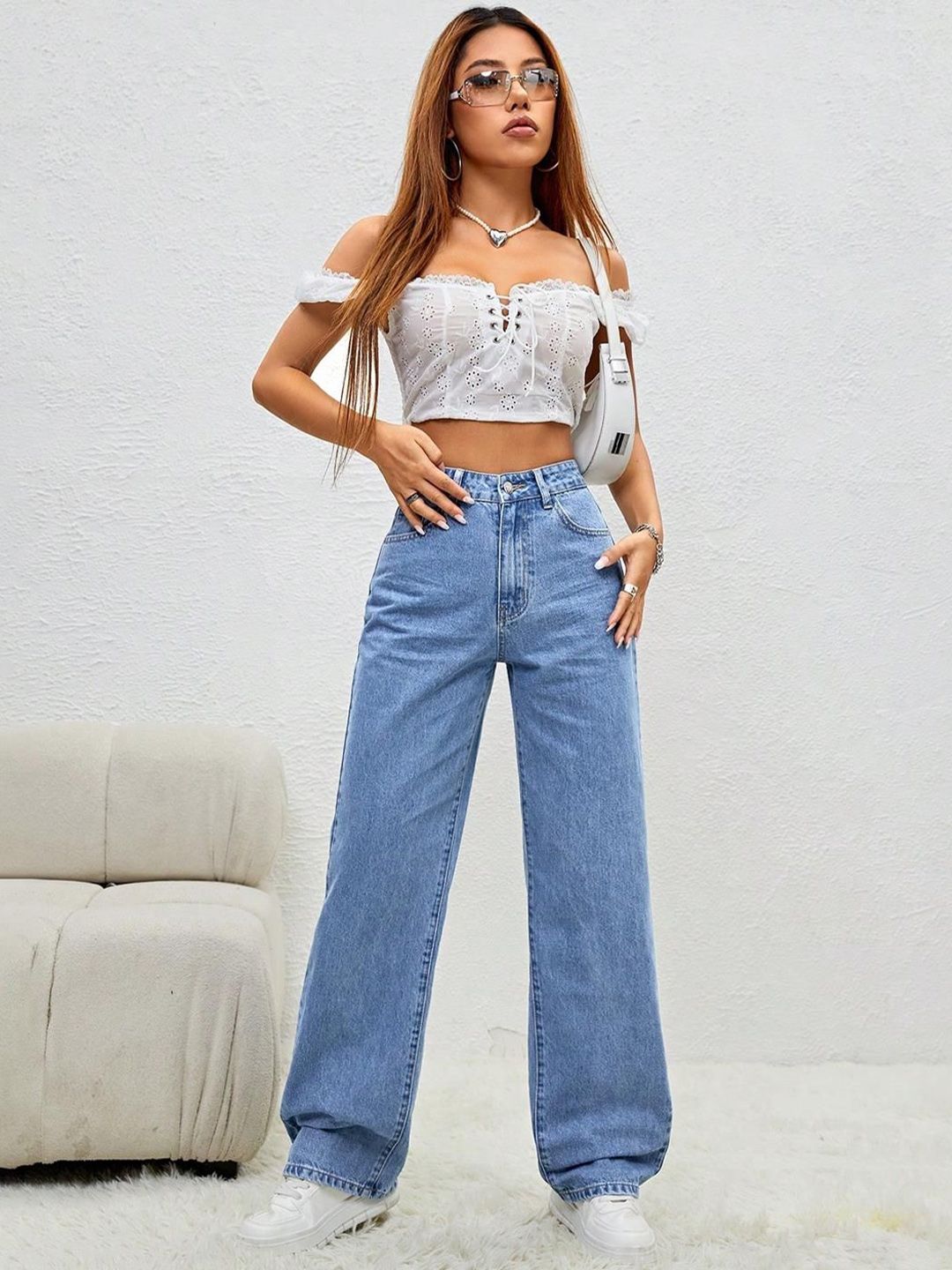 Kotty Women Wide Leg High-Rise Clean Look Crinkle Stretchable Jeans