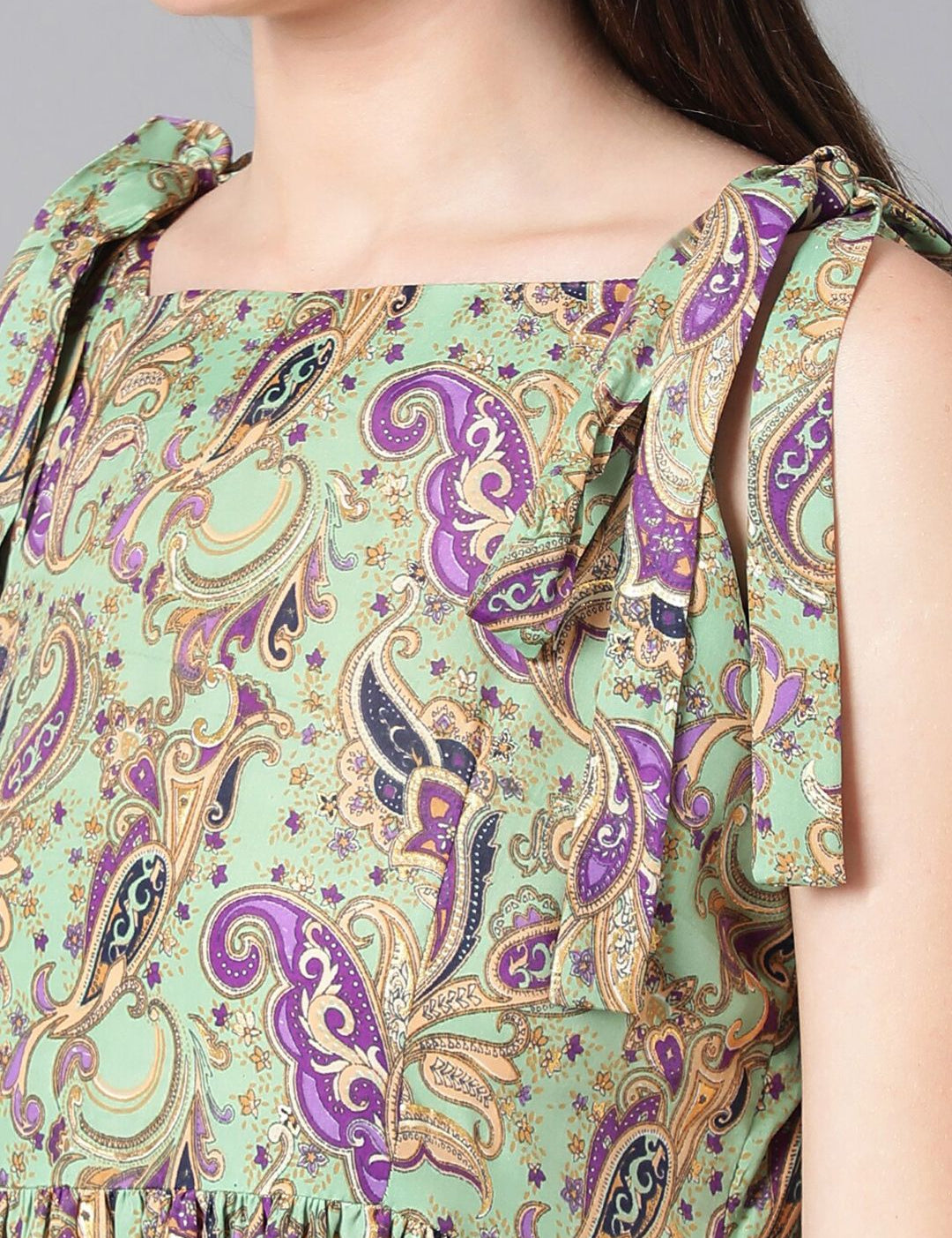 Kotty Sea Green & Purple Ethnic Motif Printed Tie-Up Shoulder Strap Fit & Flare Dress