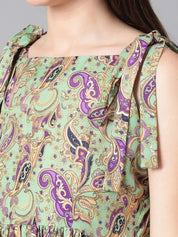 Kotty Sea Green & Purple Ethnic Motif Printed Tie-Up Shoulder Strap Fit & Flare Dress