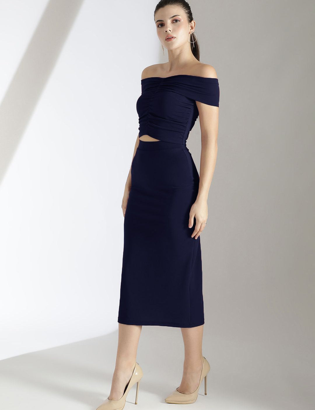 Kotty Navy Blue Off Shoulder Top With Skirt 