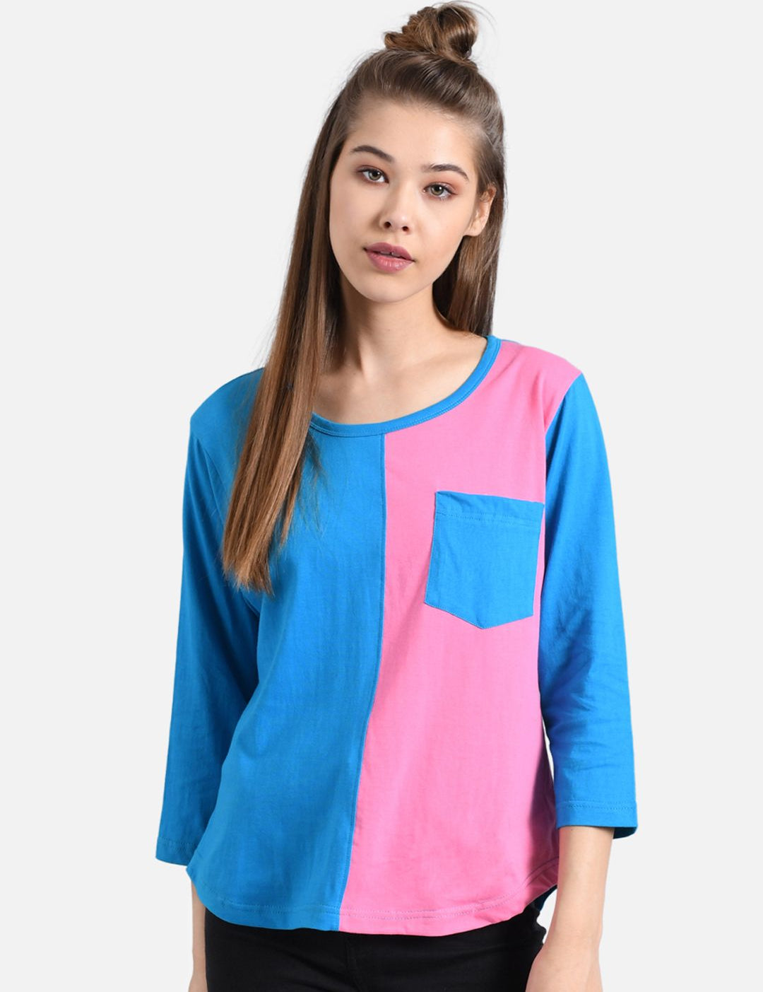Kotty Women Blue & Pink Colourblocked Round Neck T-shirt