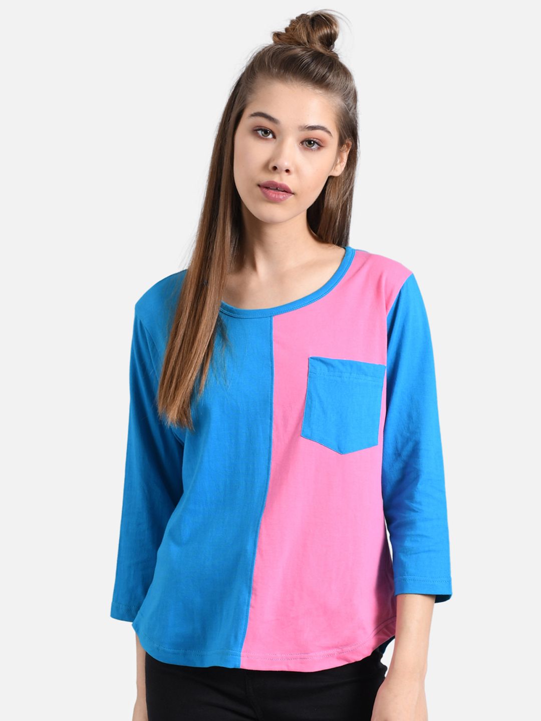 Kotty Women Blue & Pink Colourblocked Round Neck T-shirt