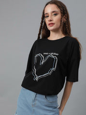 Kotty Graphic Printed Round Neck  Drop-Shoulder Sleeves Pure Cotton Oversized T-shirt