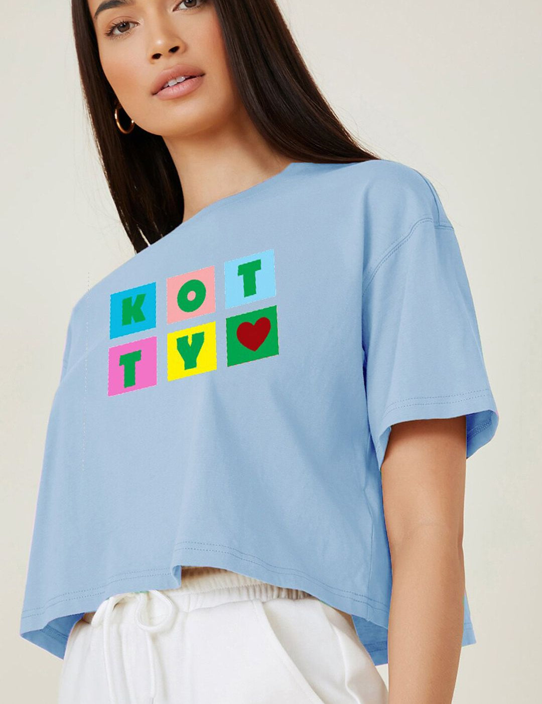 Kotty Blue Typography Printed Drop-Shoulder Sleeves Cotton Oversized Crop T-shirt