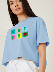 Kotty Blue Typography Printed Drop-Shoulder Sleeves Cotton Oversized Crop T-shirt