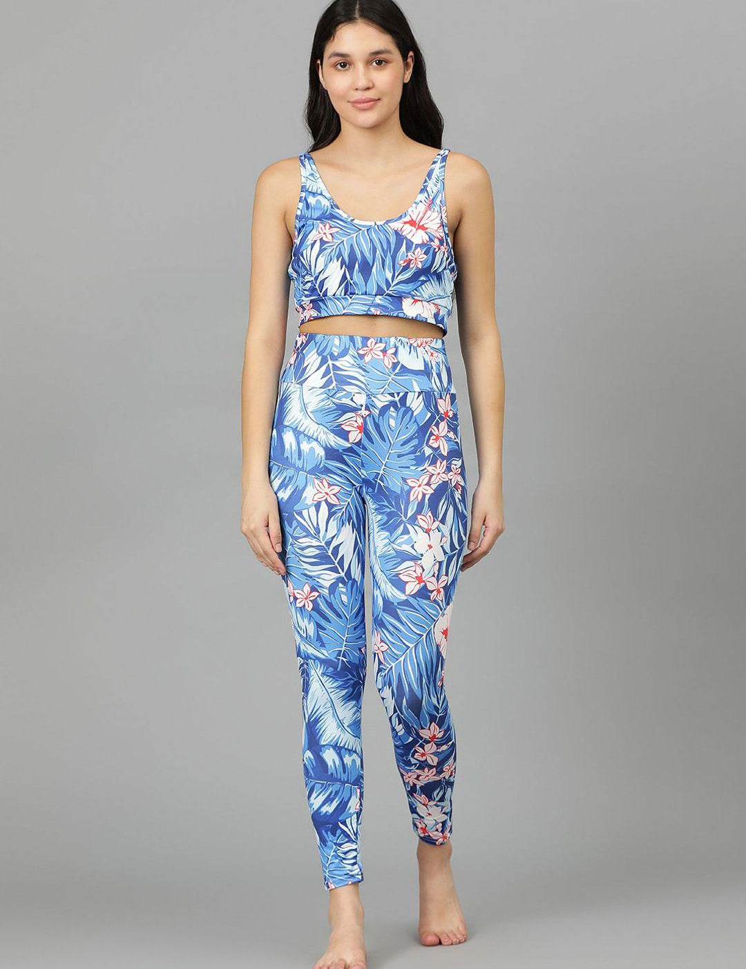 Kotty Round Neck Sleeveless Printed Crop Top & Tight Night Suit Set