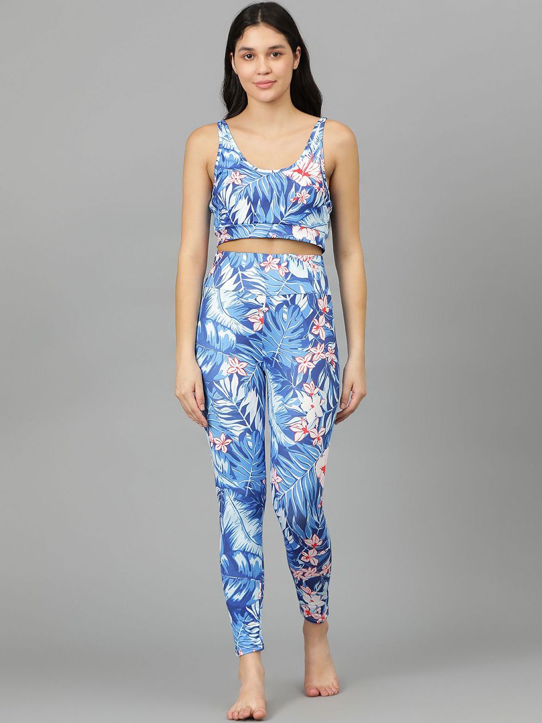 Kotty Round Neck Sleeveless Printed Crop Top & Tight Night Suit Set