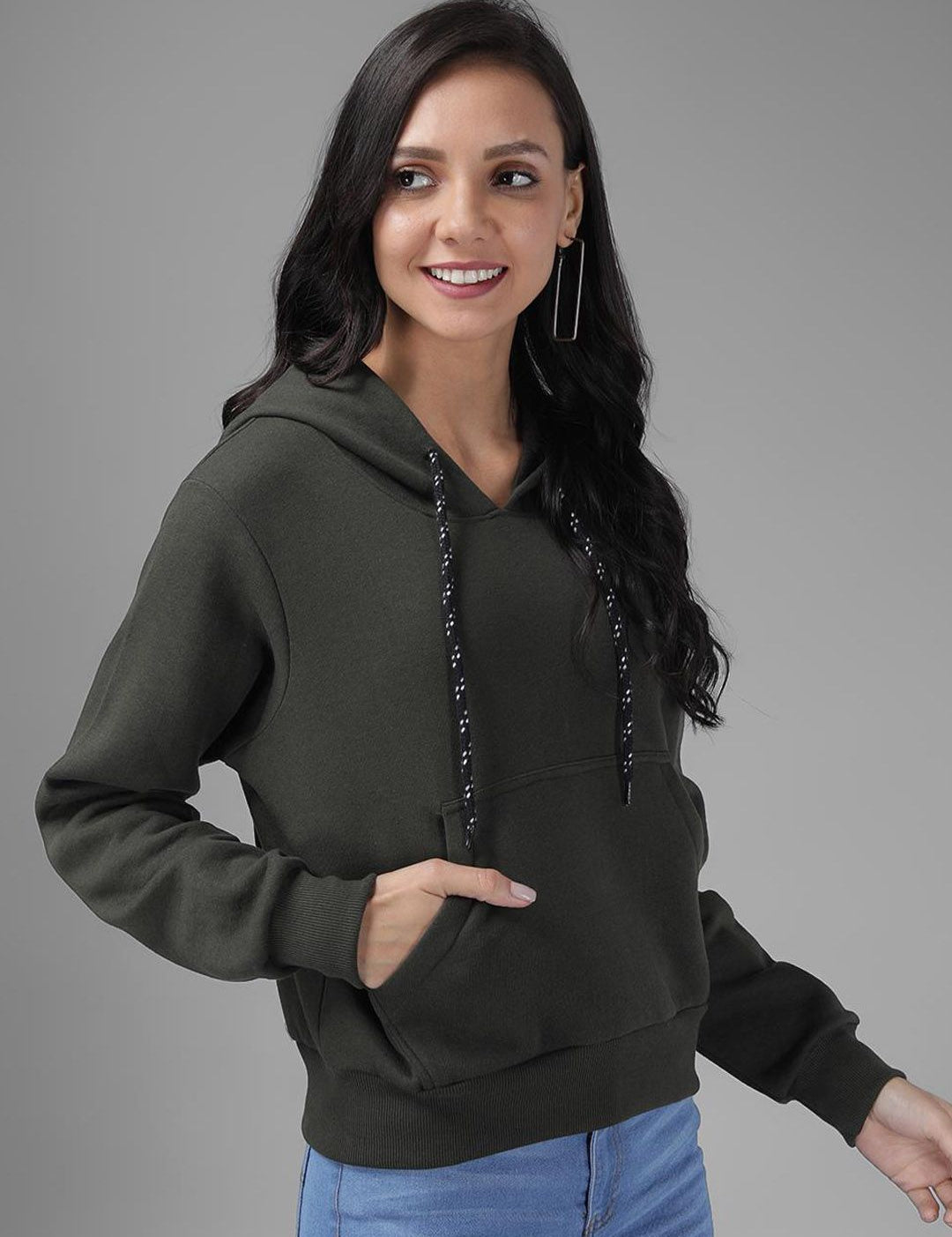 Kotty Women Olive Green Solid Hooded Sweatshirt