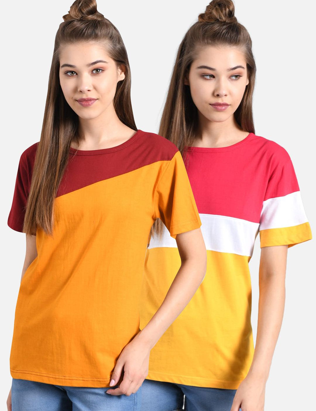 Kotty Women Pack Of 2 Yellow Colourblocked Round Neck T-shirt