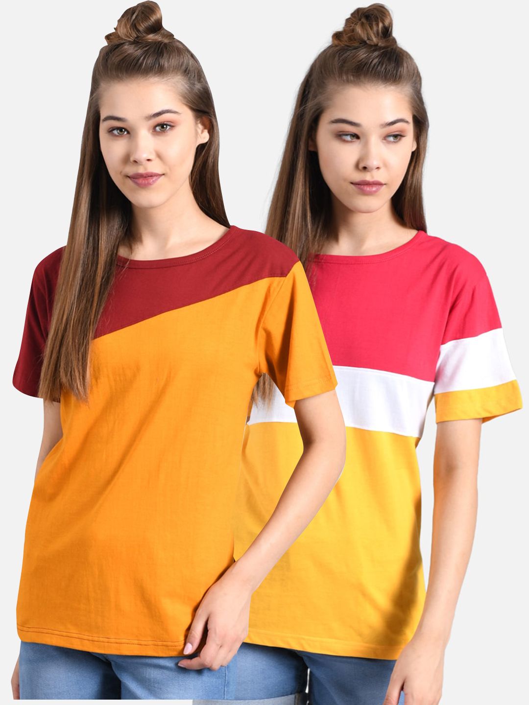 Kotty Women Pack Of 2 Yellow Colourblocked Round Neck T-shirt