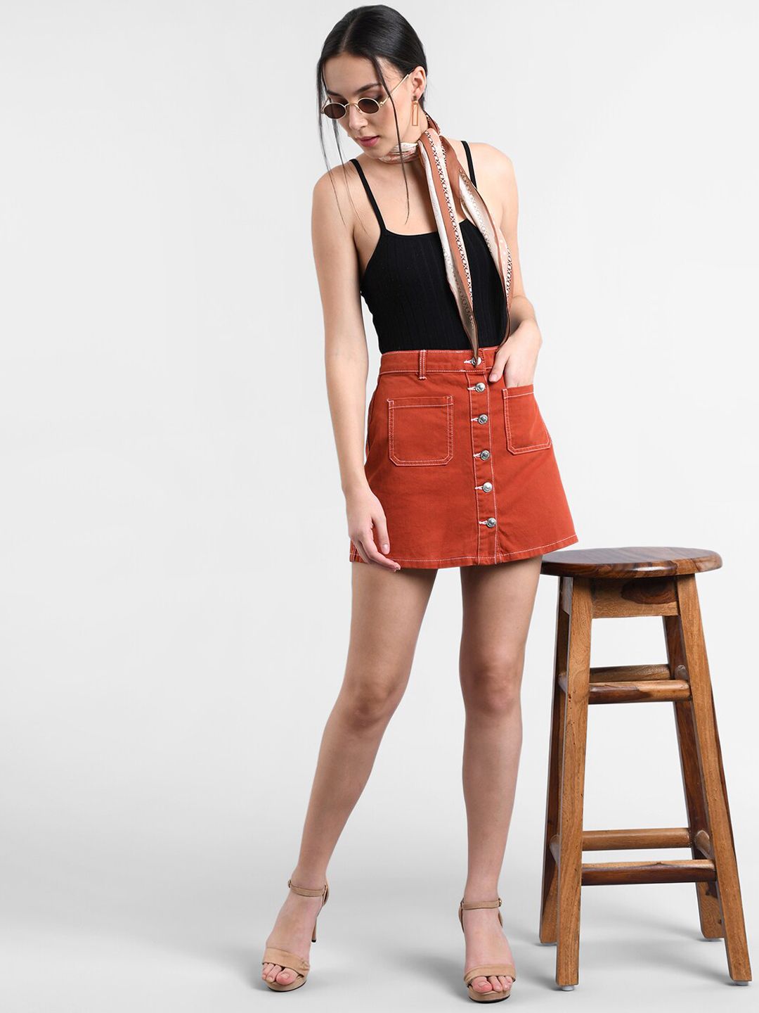 Kotty Orange Denim A-Line Mini Skirt