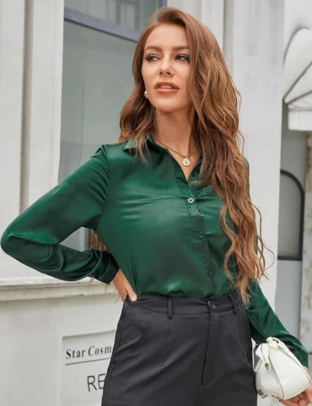 KOTTY BIZwear Green Modern Spread Collar Satin Casual Shirt