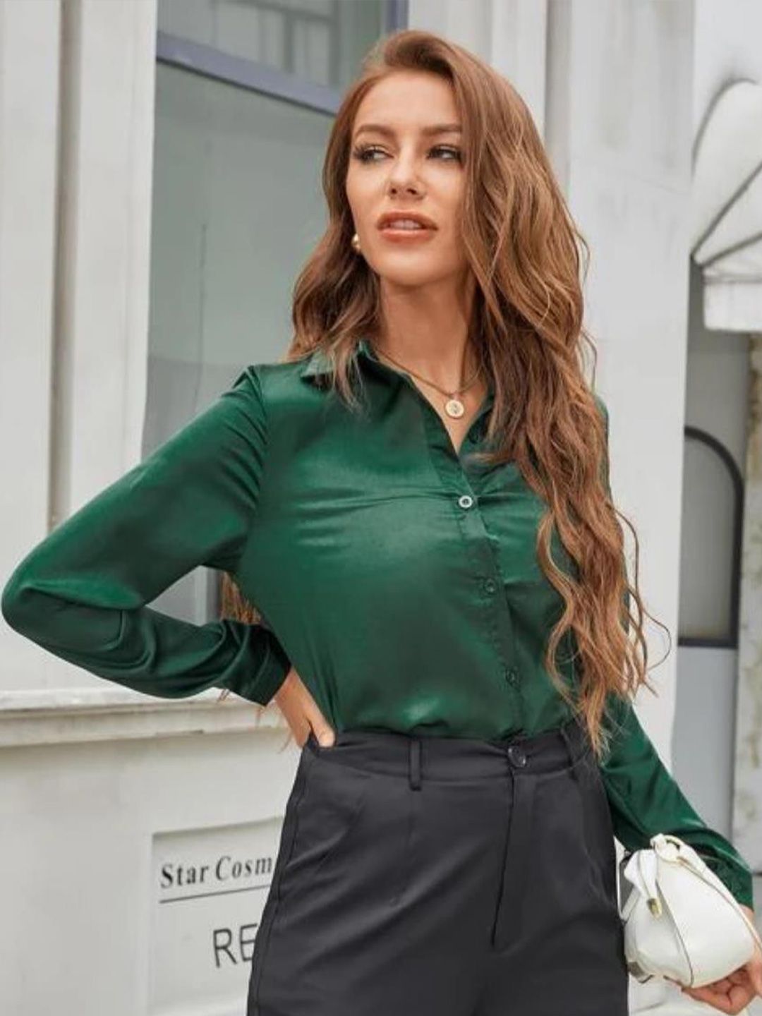 KOTTY BIZwear Green Modern Spread Collar Satin Casual Shirt