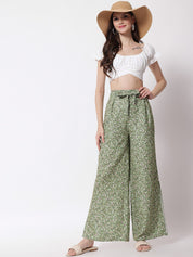 Kotty Women Green Floral Printed Relaxed Flared High-Rise Easy Wash Pleated Trousers