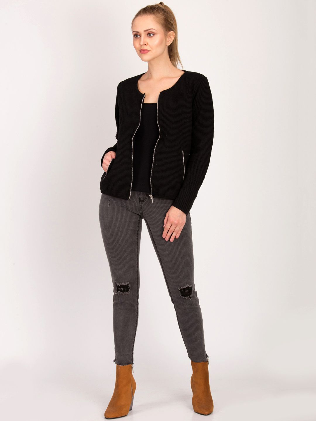 Kotty Women Black Self Design Open Front Jacket