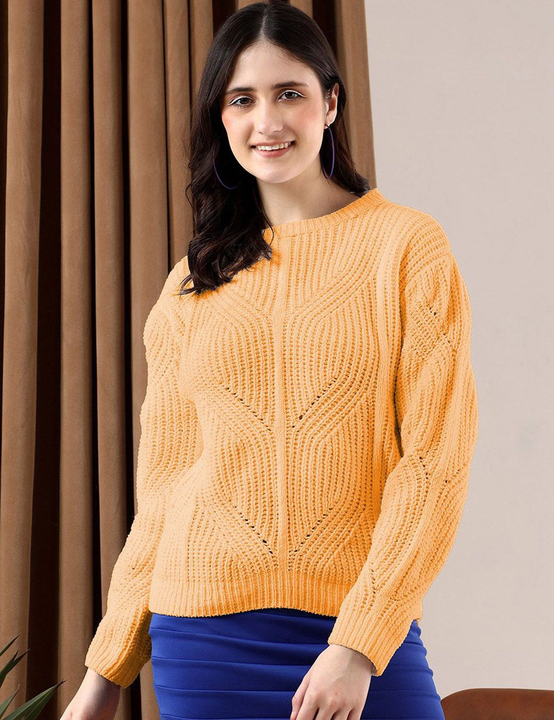 Kotty Women Open Knit Round Neck Pullover Sweater