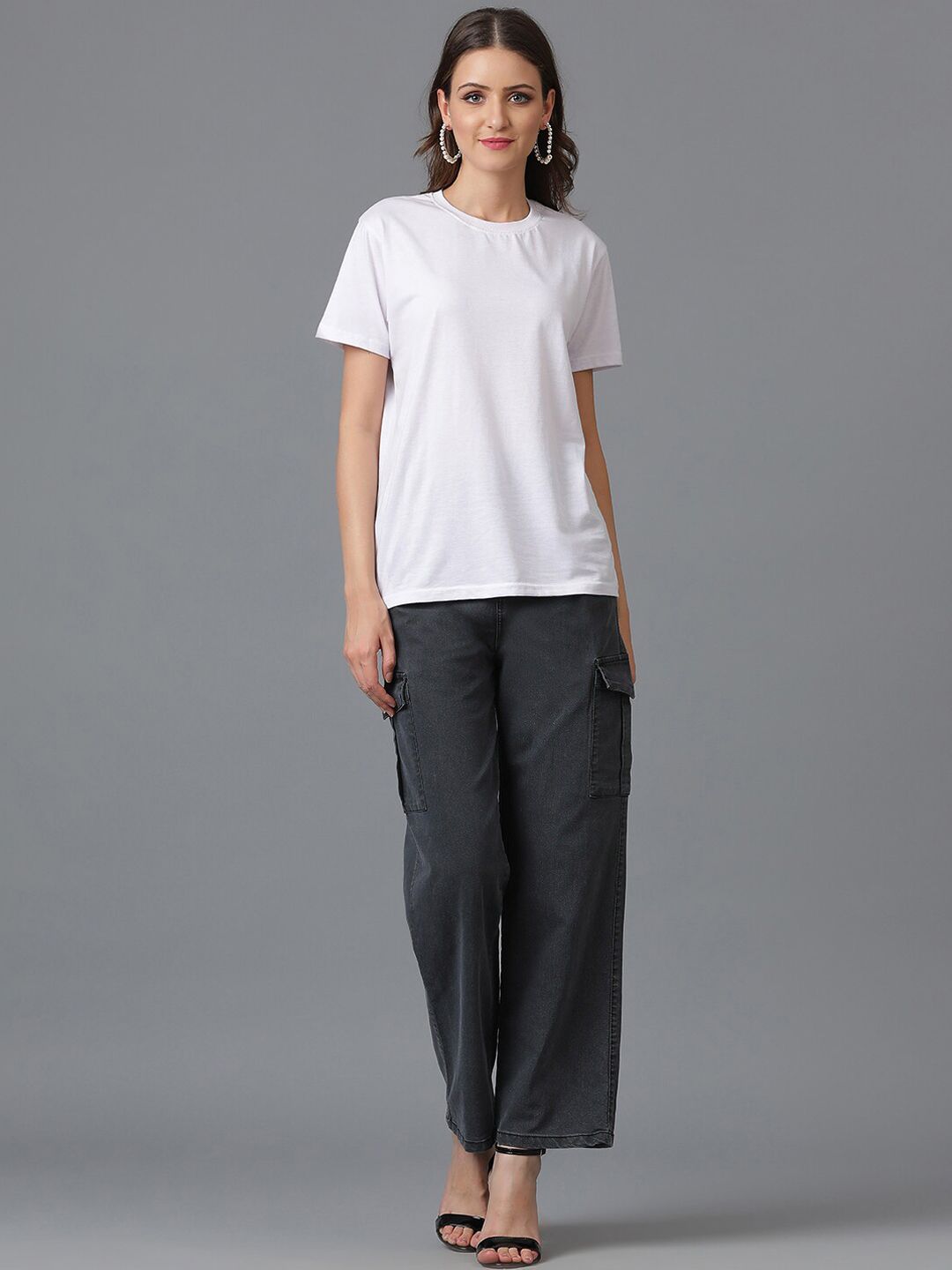 Kotty Women Black Jean Straight Fit High Rise Cargo Stretchable Jeans