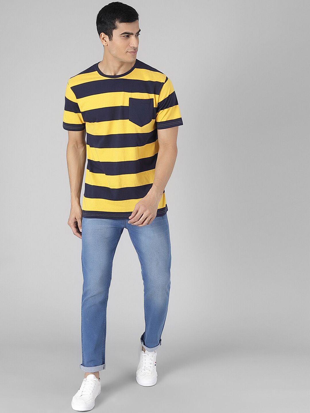Kotty Men Yellow & Black Striped Round Neck T-shirt