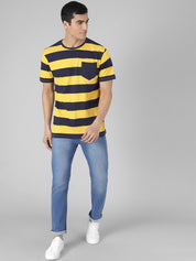 Kotty Men Yellow & Black Striped Round Neck T-shirt