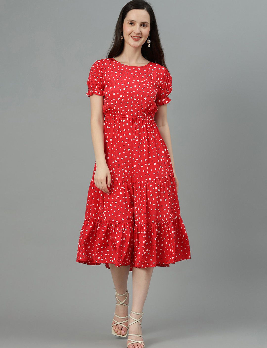 Kotty Polka Dot Printed Puff Sleeve Layered Crepe Fit & Flare Midi Dress