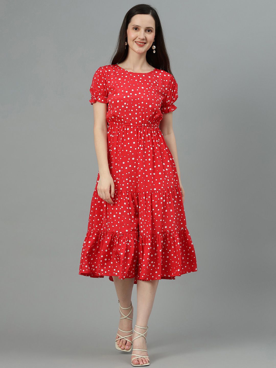Kotty Polka Dot Printed Puff Sleeve Layered Crepe Fit & Flare Midi Dress
