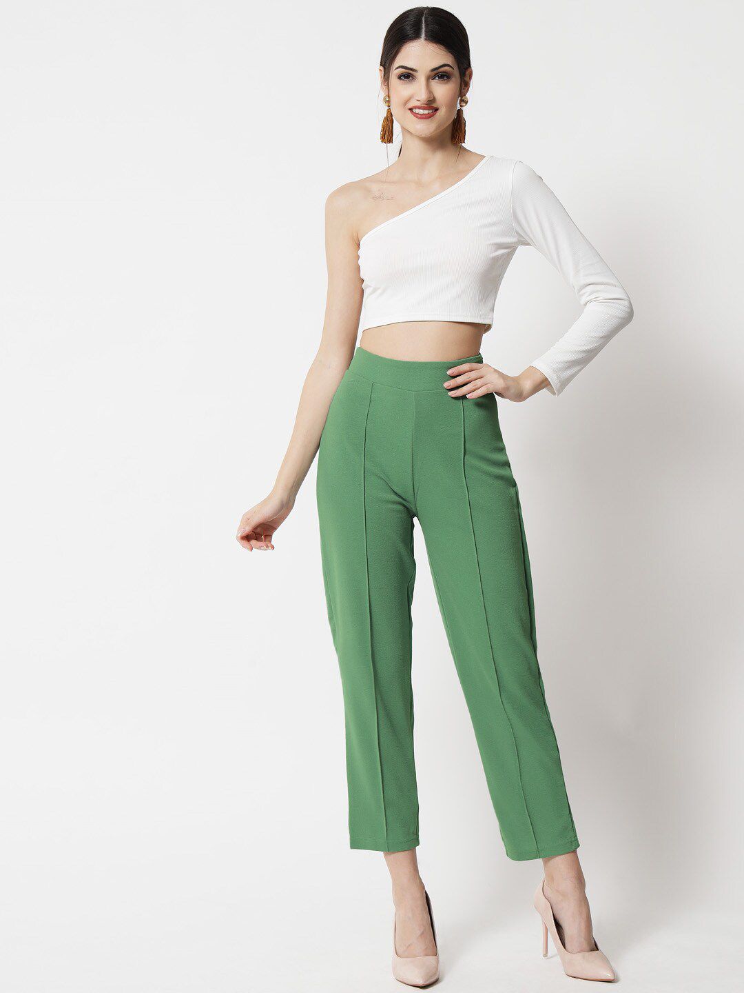 Kotty Women Green Comfort Straight Fit High-Rise Easy Wash Pleated Trousers
