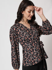 Kotty Floral Printed Puff Sleeves Wrap Top