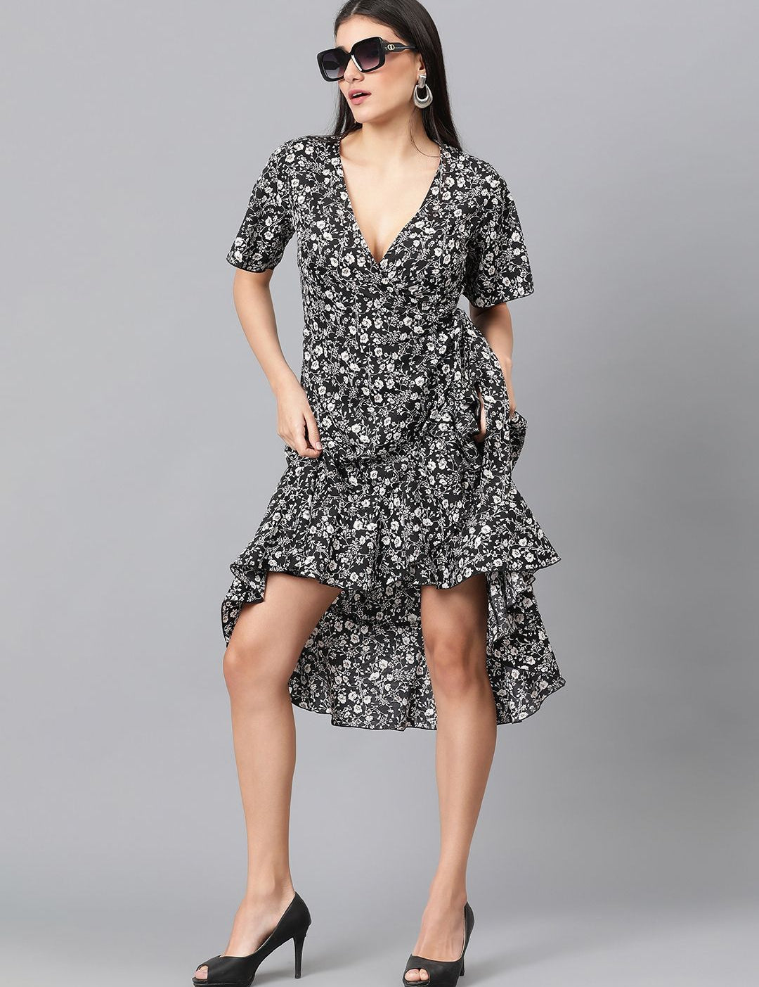 Kotty Floral Printed V-Neck Flared Sleeve High-Low Crepe Wrap Dress