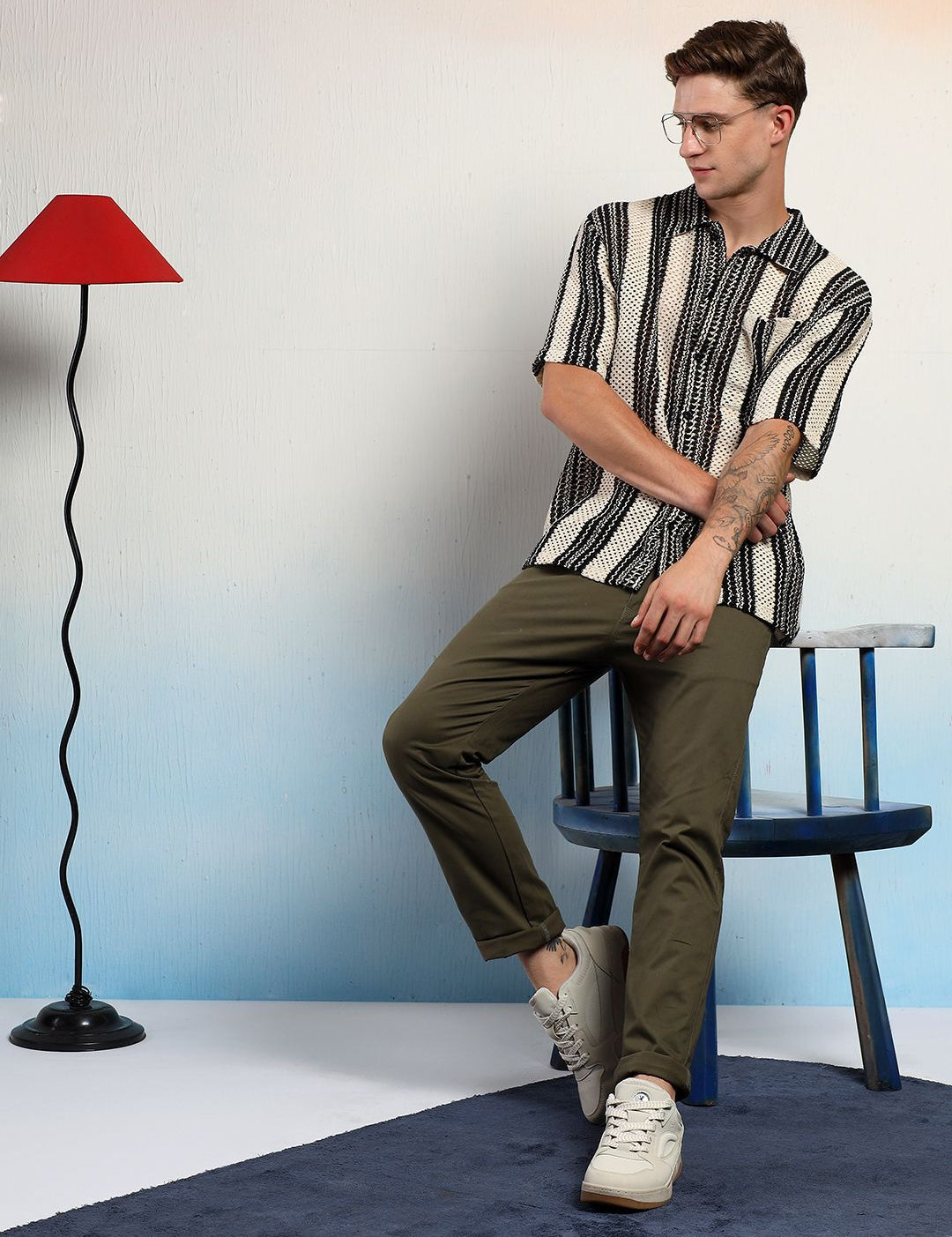 Kotty Men Vertical Stripes Self Design Cotton Sheer Casual Shirt