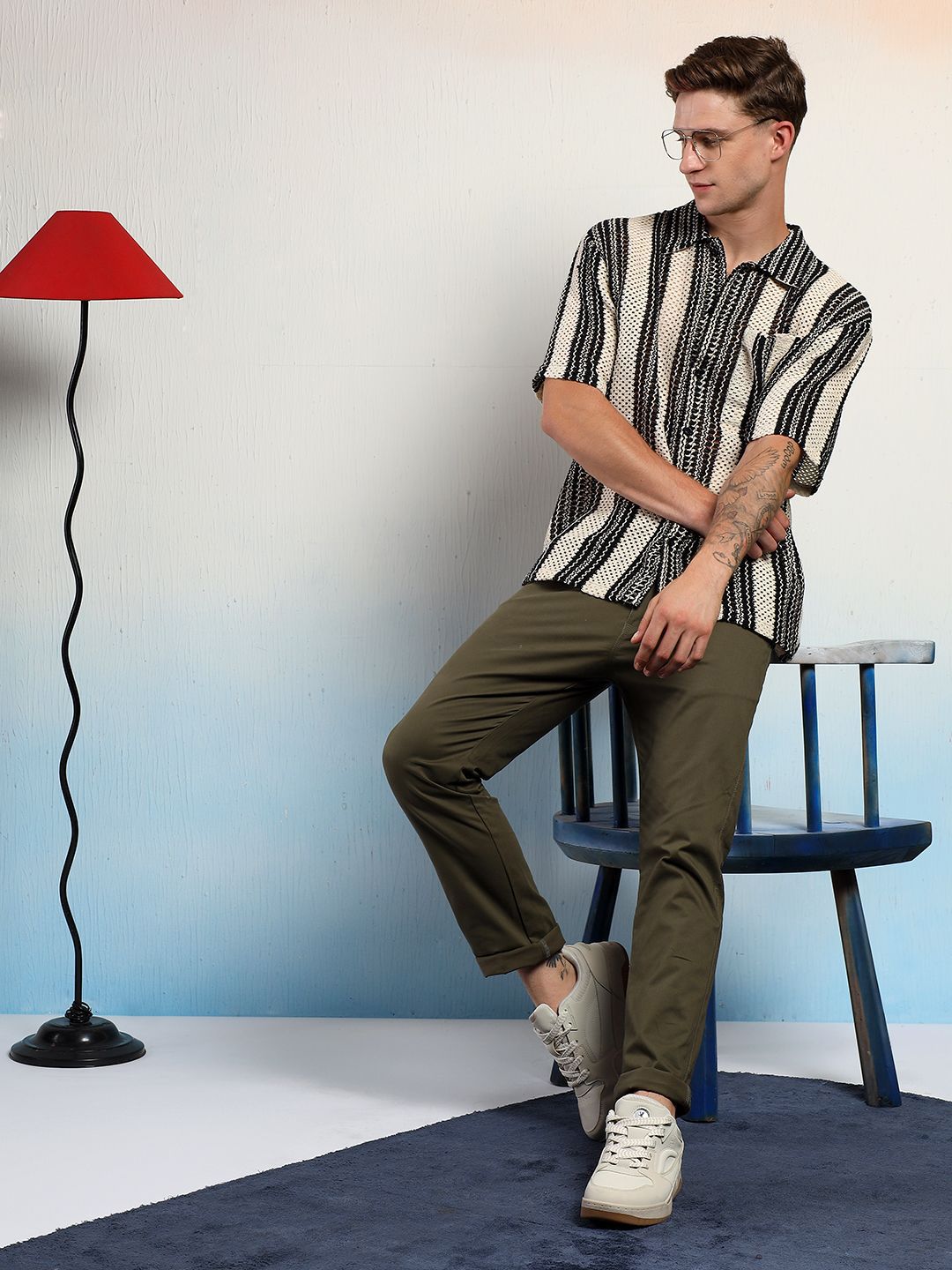 Kotty Men Vertical Stripes Self Design Cotton Sheer Casual Shirt