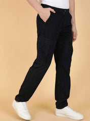 Kotty Men Regular Fit Mid-Rise Black Cargo Trousers