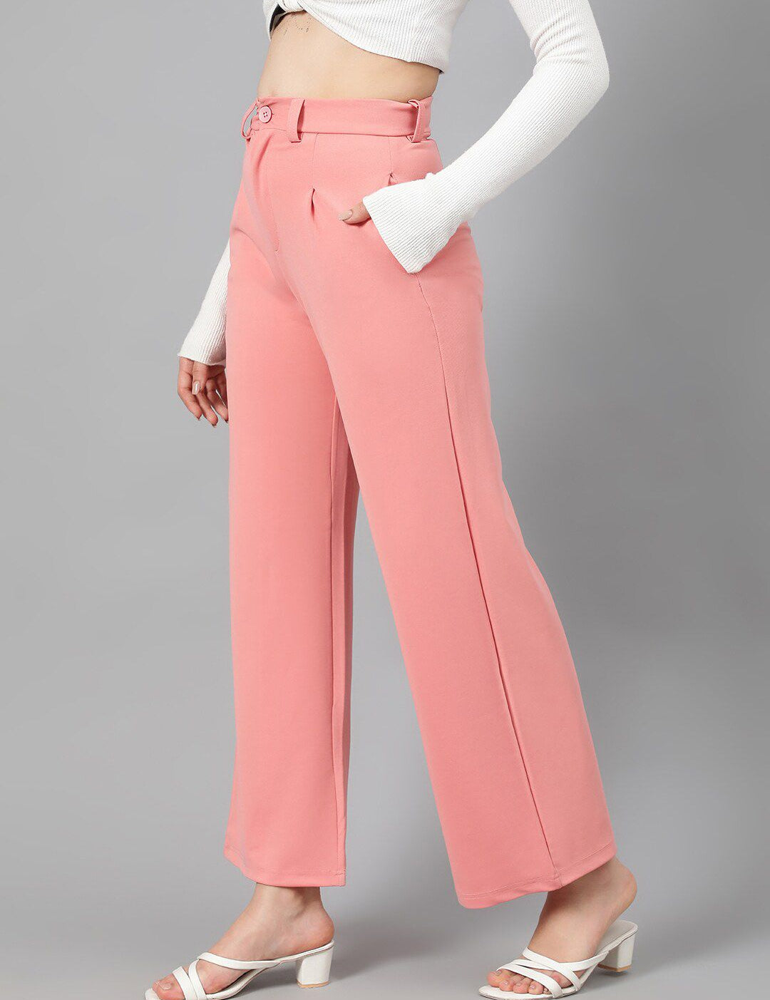 Kotty Women Pink Relaxed Straight Leg Fit High-Rise Easy Wash Parallel Trousers