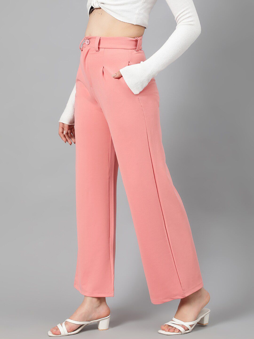 Kotty Women Pink Relaxed Straight Leg Fit High-Rise Easy Wash Parallel Trousers