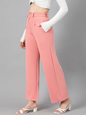 Kotty Women Pink Relaxed Straight Leg Fit High-Rise Easy Wash Parallel Trousers