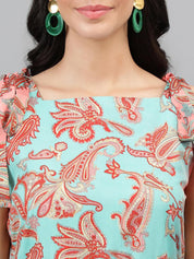 Kotty Pink And Sea Green Paisley Ethnic Print Fit & Flare Midi Dress