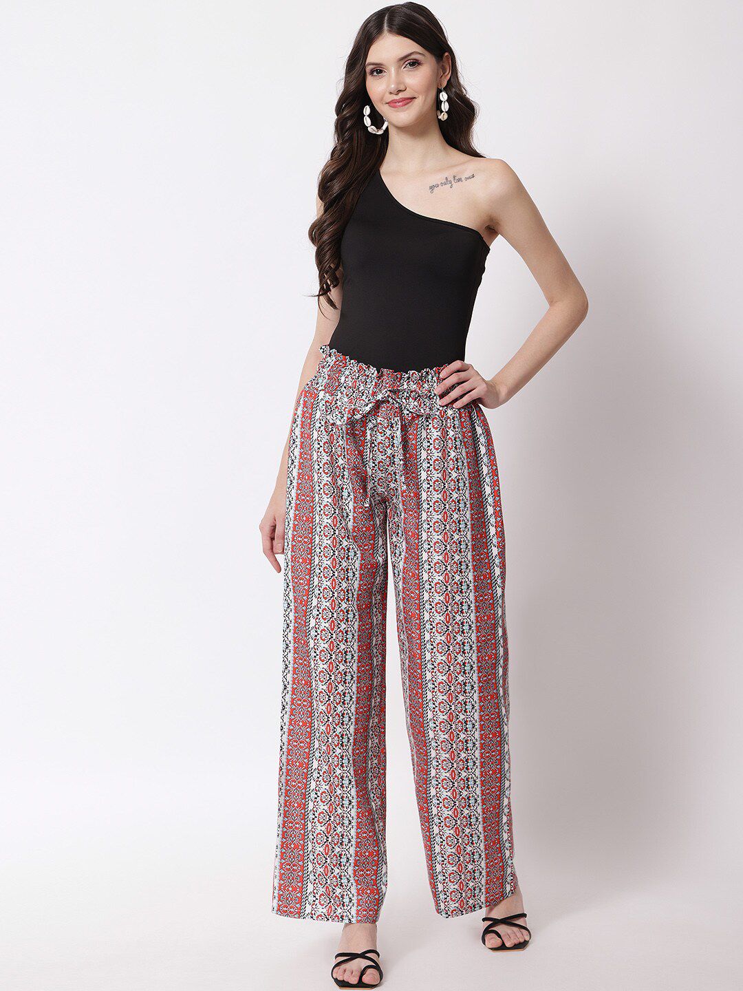 Kotty Women Red & White Printed Relaxed High-Rise Easy Wash Trousers