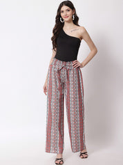 Kotty Women Red & White Printed Relaxed High-Rise Easy Wash Trousers