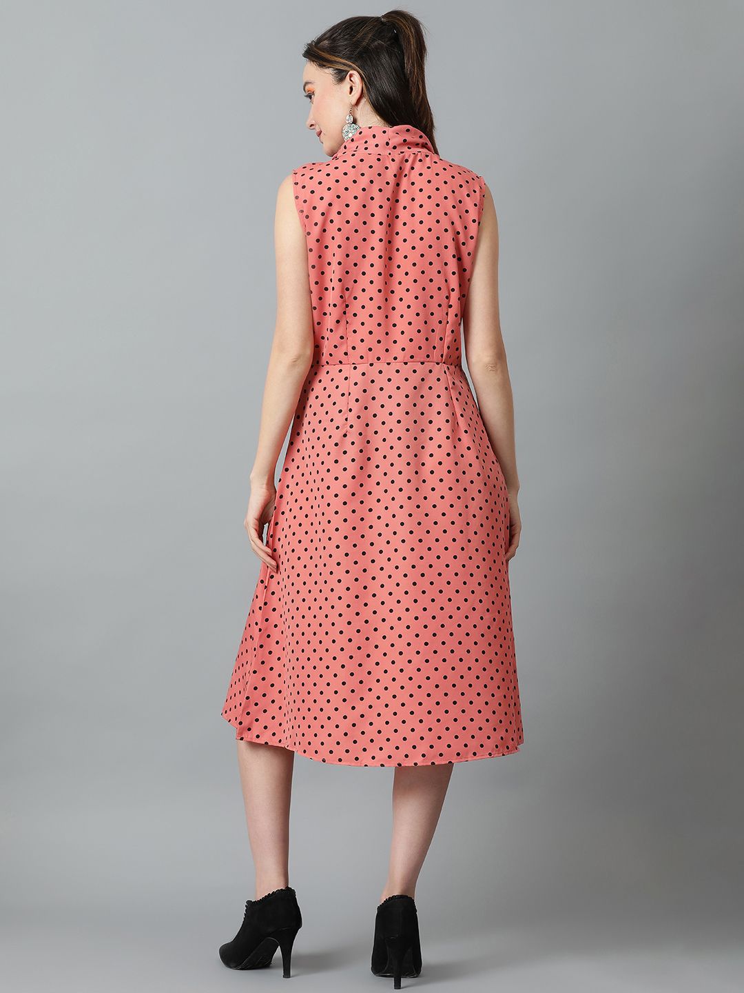 Kotty Polka Dot Printed High Neck Sleeveless Fit & Flare Midi Dress